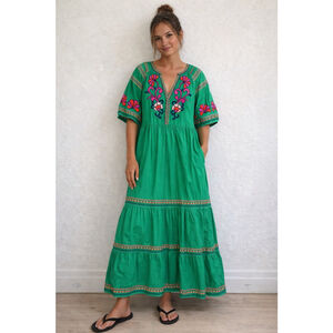 green emerald velvet dress Eloise Embroidered Midi Dress-Camelia Pink main image 1